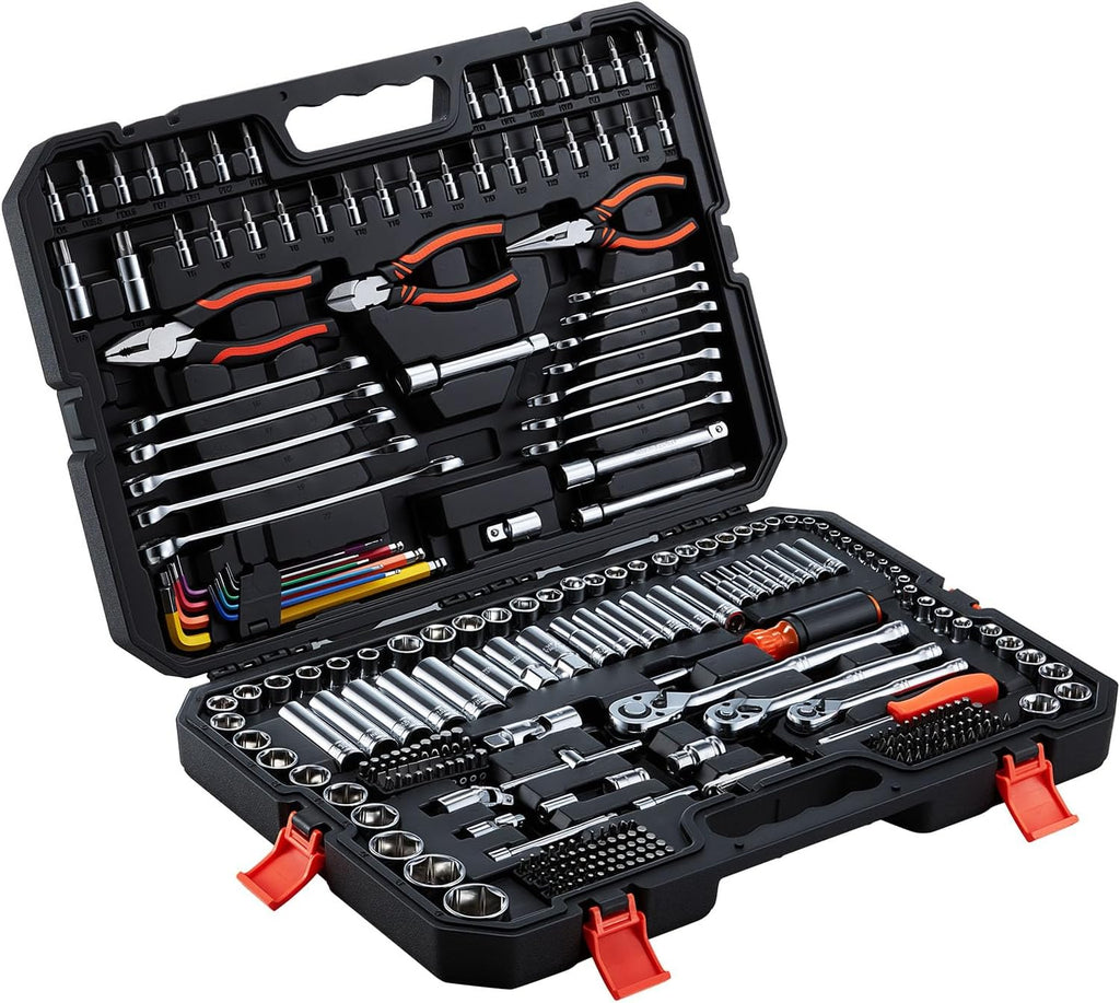 VEVOR Mechanics Tool Set, 314-Piece Mechanic Tool Kit, 1/4 in, 3/8 in, and 1/2 in Drive, Metric Socket Set, Wrenches, Screwdriver Bits, Accessories, and Storage Case, for Automotive and Home Repair