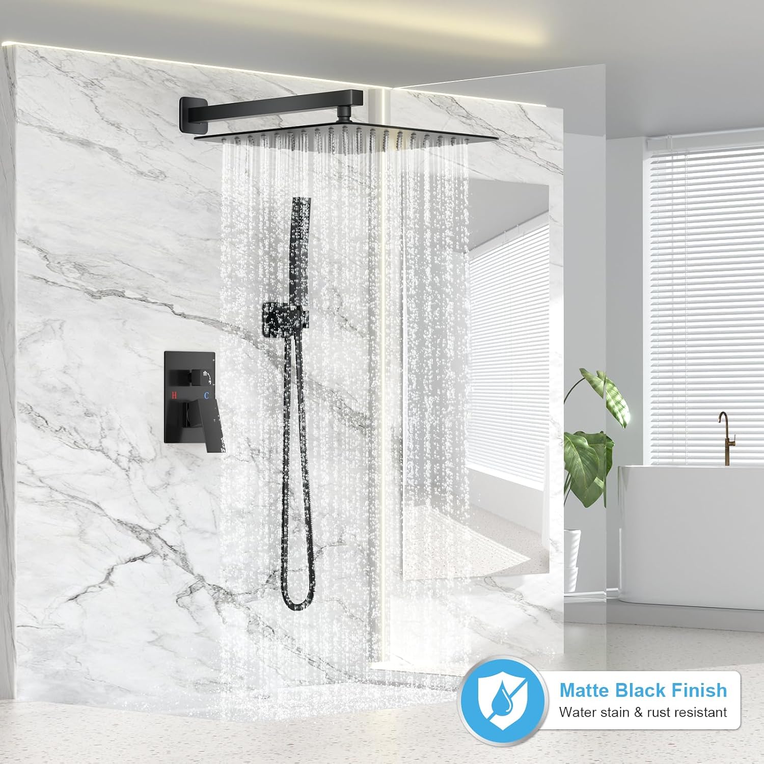 FPXRNG Shower Faucet Set Rainfall Shower System with Square Shower Head and Handle Set Rough-in Valve and Metal Trim Kit Included Matte Black 16 Inch Wall Mounted Shower Fixtures