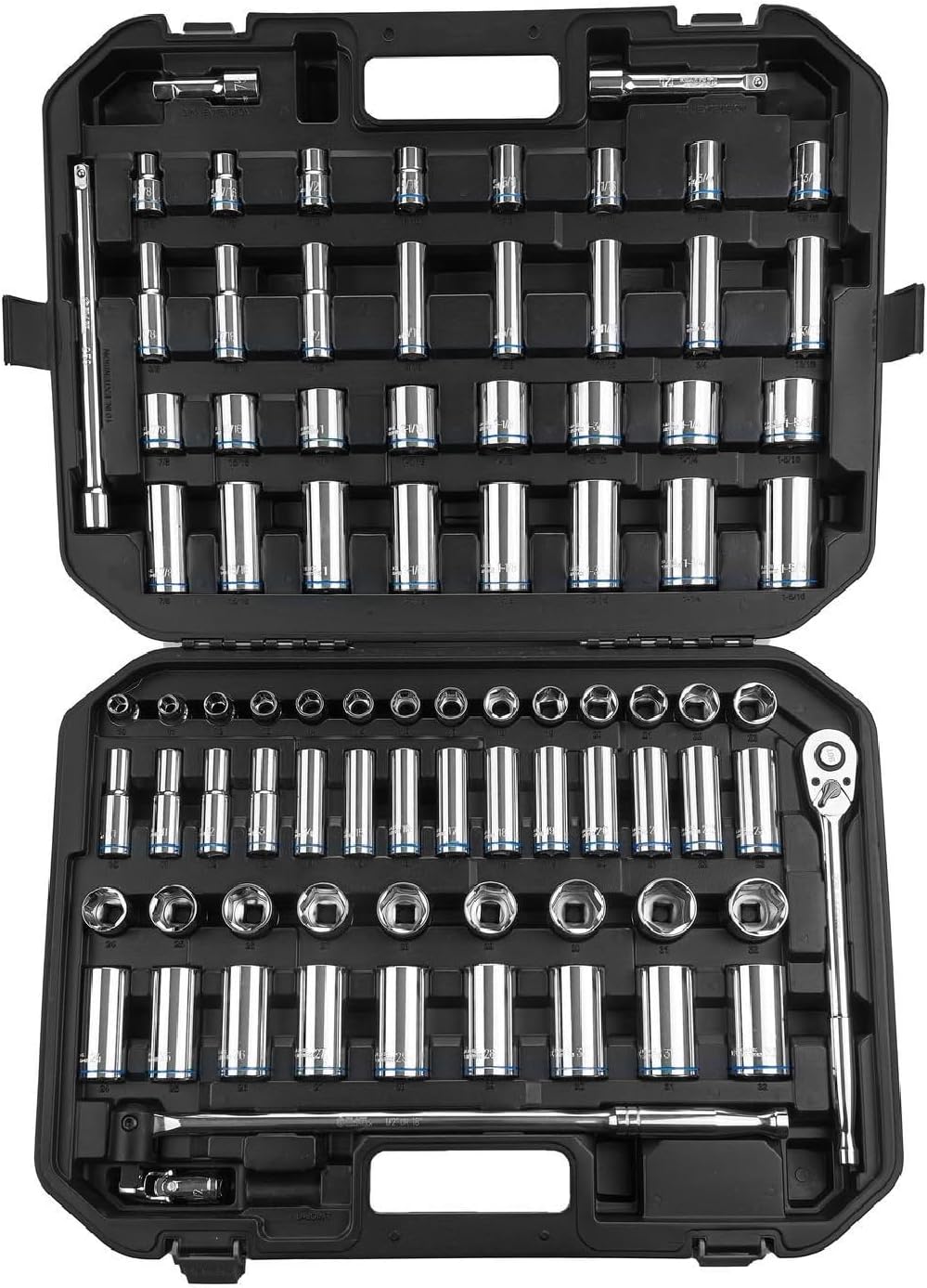 BLACK CANYON 84 Piece 1/2' Drive Impact Socket Set, Metric (3/8 to 1-5/16 inch) & Metric(10 to 32mm), Standard Deep Socket Set with 90 Tooth Ratchet, Extension Breaker Bar, Heavy-Duty Case
