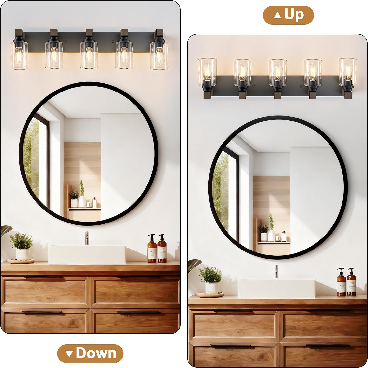 Farmhouse Bathroom Vanity Light Fixtures, Rustic 5-Light Wood Vanity Lights for Bathroom, Vintage Black Wall Sconces Lighting, Light fixtures Over Mirror, with Glass Shade