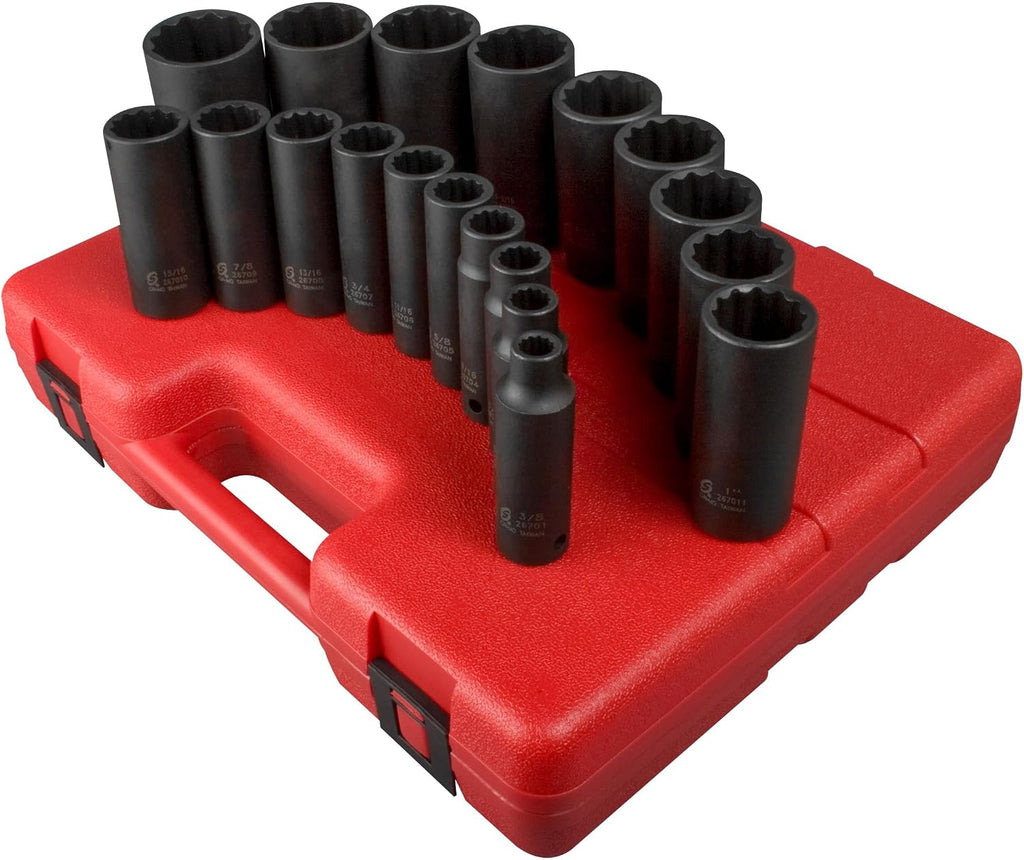 SUNEX TOOLS 2820 1/2-Inch Drive 12-Point SAE Deep Impact Set, 19 Piece