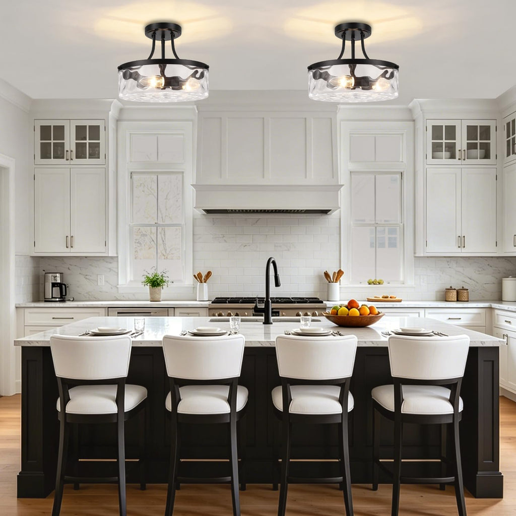 TOULMJ Black Semi Flush Mount Ceiling Light, 11.81' Hammered Glass Light Fixture, 3-Light Modern Hallway Lights Fixture for Kitchen Entryway Bedroom Foyer Laundry Dining Room