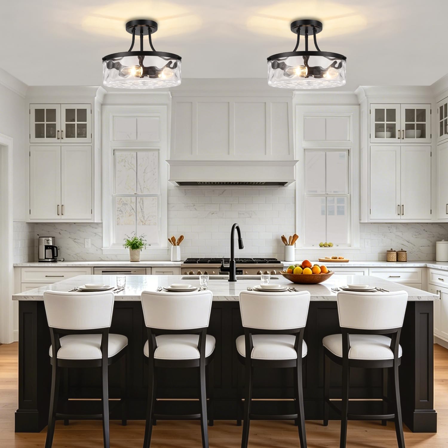 TOULMJ Black Semi Flush Mount Ceiling Light, 11.81' Hammered Glass Light Fixture, 3-Light Modern Hallway Lights Fixture for Kitchen Entryway Bedroom Foyer Laundry Dining Room
