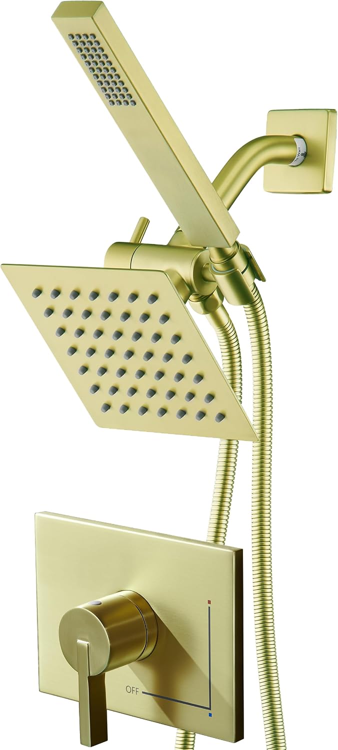 SOOOHOT Brushed Gold Shower Fixtures - Dual shower Heads with Handheld Spray Combo, All Metal 6' Dual Head & 3-Way Diverter.