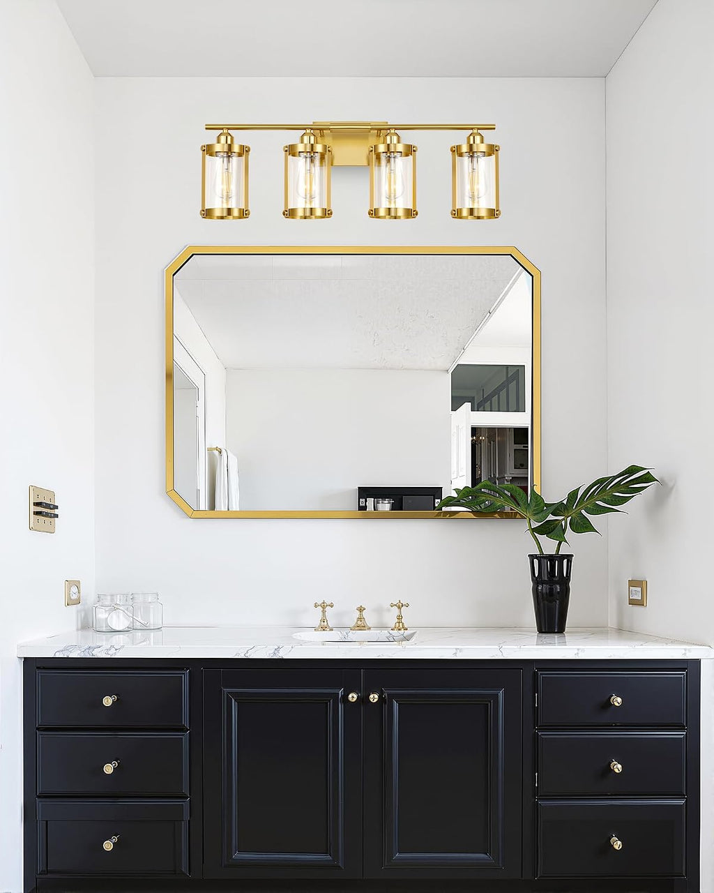 4-Light Brushed Gold Bathroom Light Fixtures with Clear Glass and Metal Cage, 29 Inch Modern Brass Vanity Lighting Over Mirror Wall Sconce Lights for Bath, E26, Rust-Proof, OS-3014BG-4W