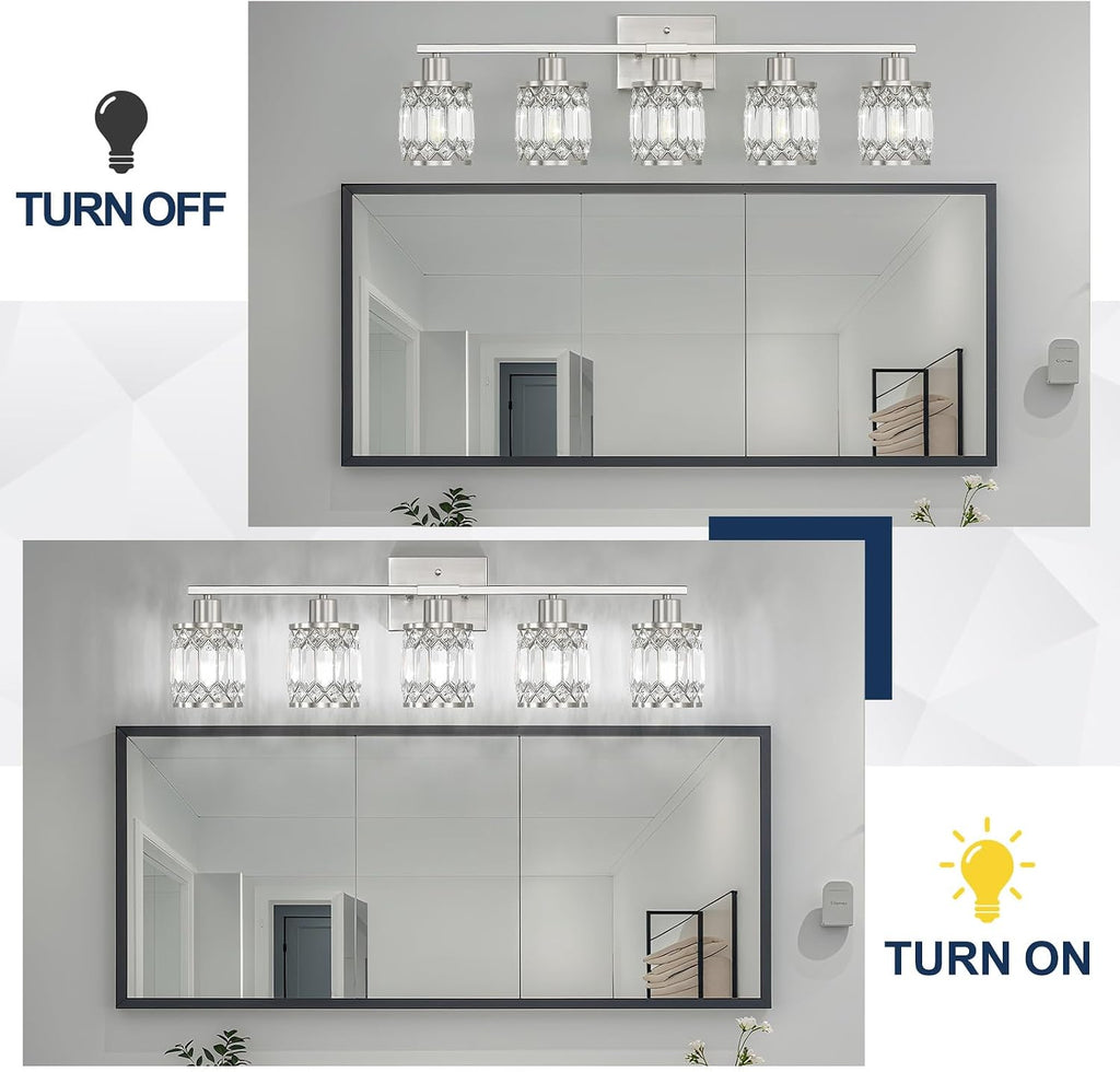 Crystal Modern Bathroom Light Fixtures, 5-Light Brushed Nickel Bathroom Vanity Wall Light, Vanity Lights for Mirror, Restroom, Bedroom (E26 Socket, Bulbs Not Included)