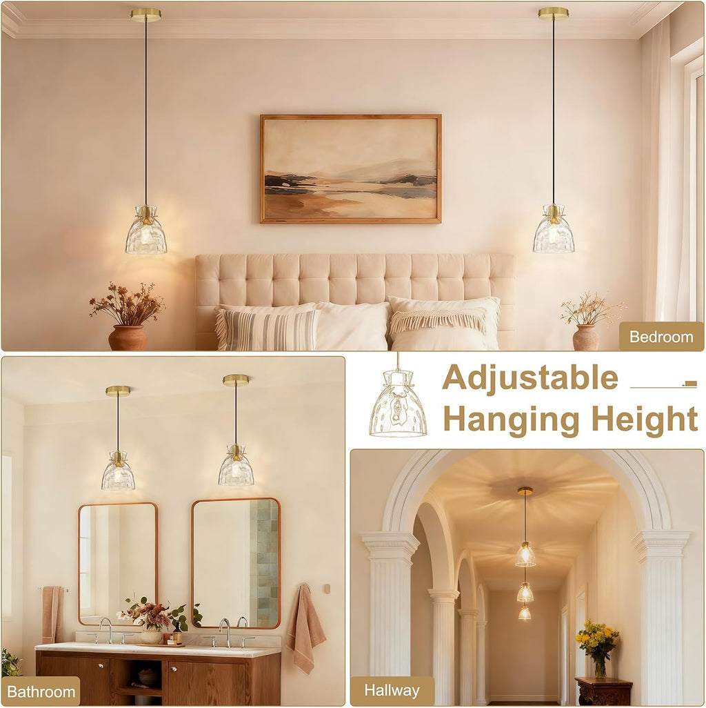 5.9' Mini Black Gold Pendant Lights Kitchen Island 2 Pack, Small Brushed Brass Hammered Glass Pendant Light Fixtures, Modern Hanging Lights Kitchen Pendant Lighting over Sink Bathroom Dining Room