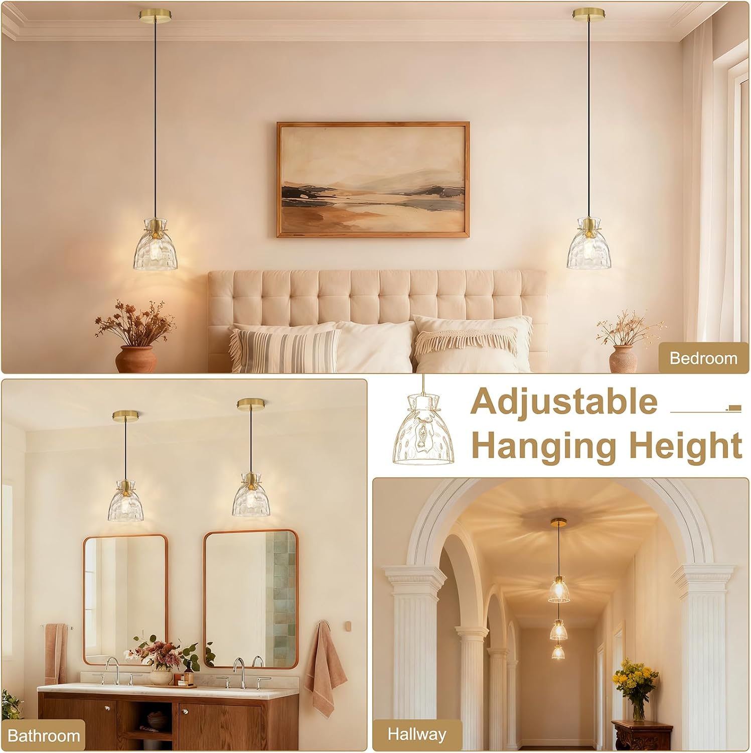 5.9' Mini Black Gold Pendant Lights Kitchen Island 2 Pack, Small Brushed Brass Hammered Glass Pendant Light Fixtures, Modern Hanging Lights Kitchen Pendant Lighting over Sink Bathroom Dining Room