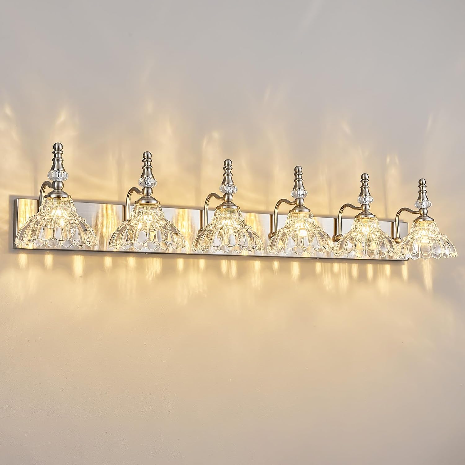 Vintage Bathroom Vanity Light, 6-Light Brushed Nickel Vanity Lighting Fixture with Flower Glass Shade, Bathroom Lighting Fixtures Over Mirror