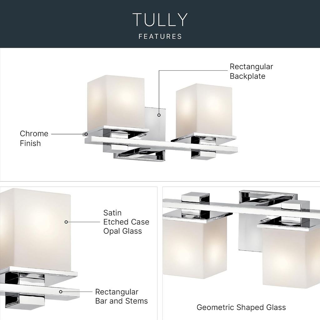 Kichler Tully 15' Vanity Light in Chrome, 2-Light Modern Bathroom Light with Satin Etched Cased Opal Glass, (15' W x 6.5' H), 45150CH