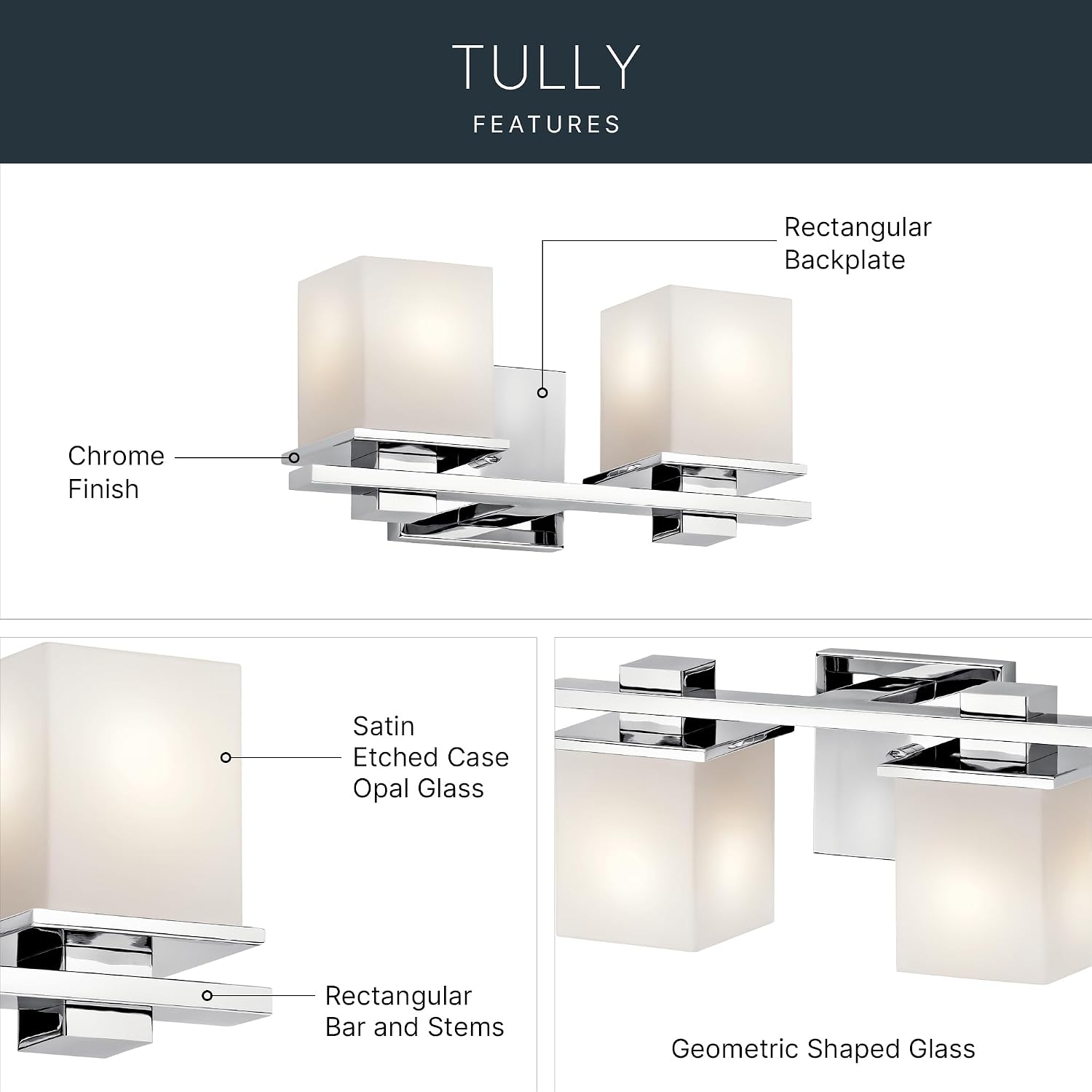 Kichler Tully 15' Vanity Light in Chrome, 2-Light Modern Bathroom Light with Satin Etched Cased Opal Glass, (15' W x 6.5' H), 45150CH
