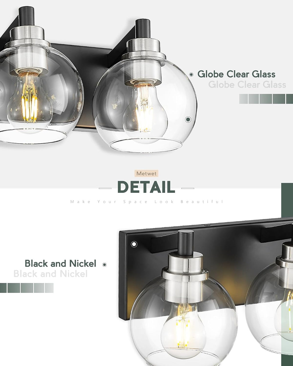 Bathroom Light Fixtures, 4-Light Black and Brushed Nickel Bathroom Vanity Light, 26 Inch Modern Wall Sconces with Globe Clear Glass Shade, Vanity Lighting Fixtures Over Mirror, VL195-KN-4