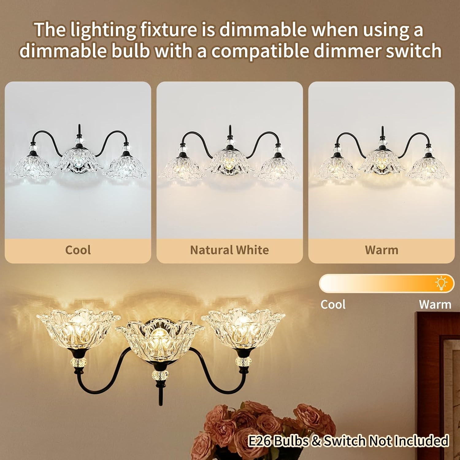 Black Bathroom Vanity Light,3-Light Vanity Light with Crystal Glass Shades,Vintage Farmhouse Vanity Lighting for Bathroom and Dressing Table