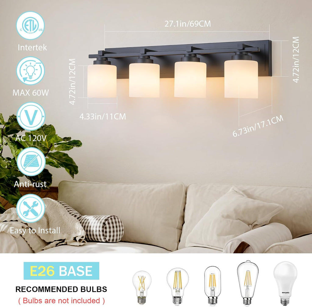 Modern Bathroom Light Fixtures Over Mirror, Vanity Lights for Bathroom Wall Sconces with Milky White Glass Shades, E26 Socket (Bulbs Not Included), 4 Light, Black