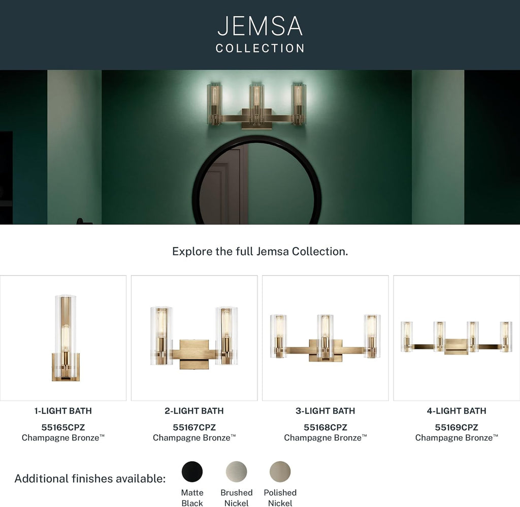 Kichler Jemsa 3-Light Bathroom Vanity Light Fixture with Clear Fluted Glass in Champagne Bronze for Modern Bathroom or Powder Room Wall Lighting (9.75 x 22.75 in), 55168CPZ