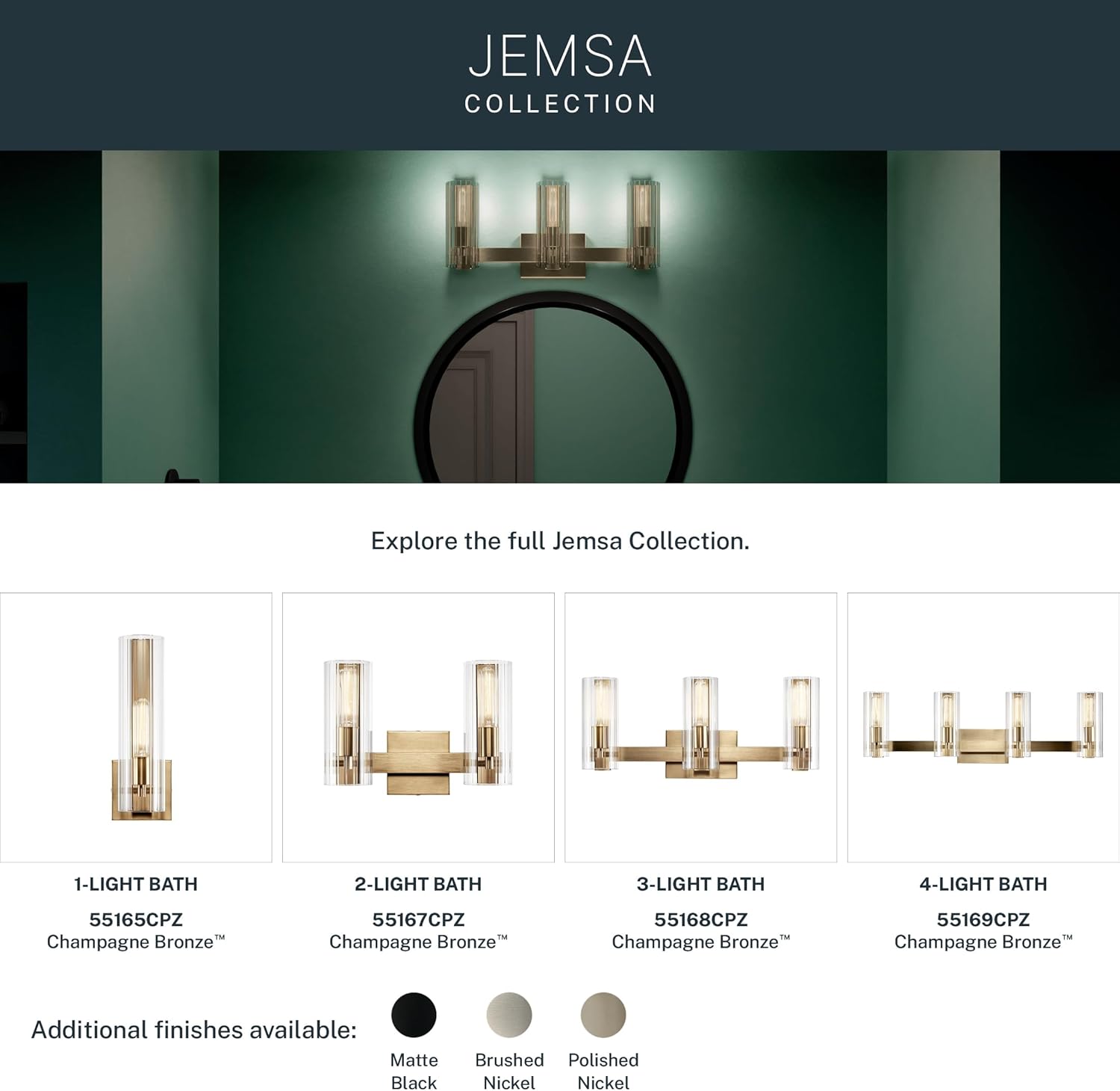 Kichler Jemsa 3-Light Bathroom Vanity Light Fixture with Clear Fluted Glass in Champagne Bronze for Modern Bathroom or Powder Room Wall Lighting (9.75 x 22.75 in), 55168CPZ