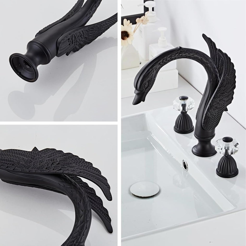 Golden Black Ornate Swan Style Bathroom Sink Faucet Combo Deck Mount Sink Mixer Tap Set Hot Cold Water
