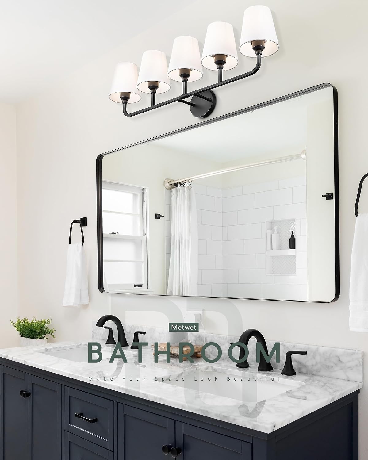 Bathroom Light Fixtures, 5 Light Matte Black Vanity Lights with Flared White Fabric Shade, 35 Inch Wall Sconce, Modern Sconces Wall Lighting for Hallway Bedroom, VL837-MB-5