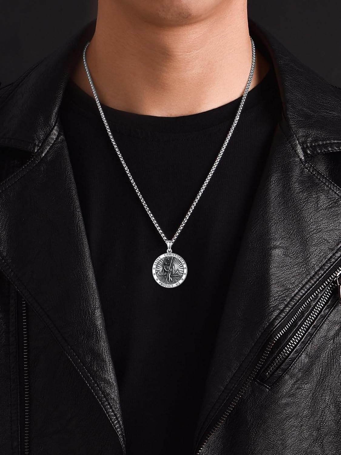 Seiyang St Christopher Medal for Men 925 Sterling Silver Round & Oval St Christopher Pendant Mens Double Sided Saint Christopher Medallion Necklace Protection Jewelry Religious Gifts for Men Women