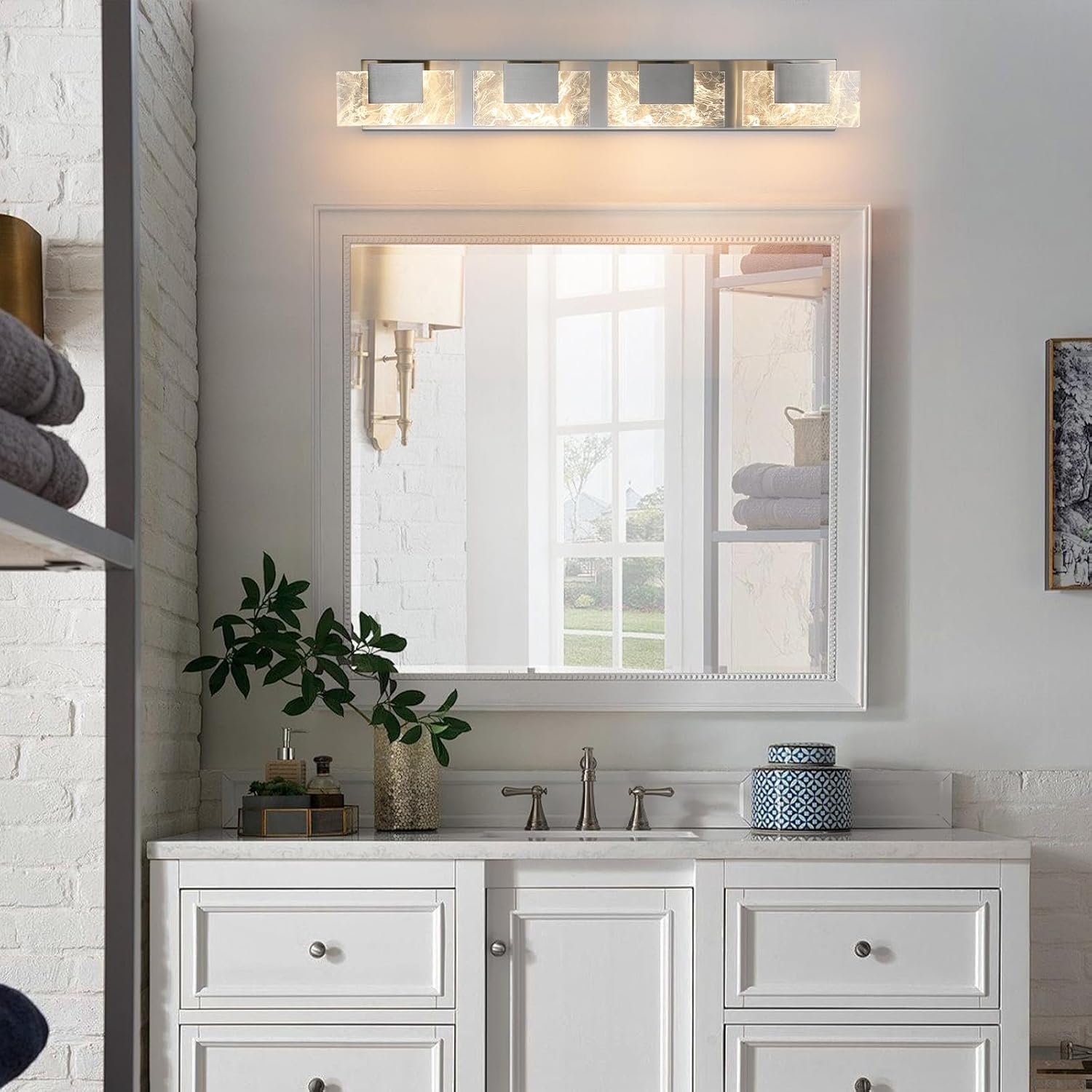 LED Bathroom Vanity Light: 32 Inch Brushed Nickel Acrylic Modern Lighting Fixtures - 4-Lights Contemporary Smoke Design Wall Lights Fixture Over Mirror 3000K