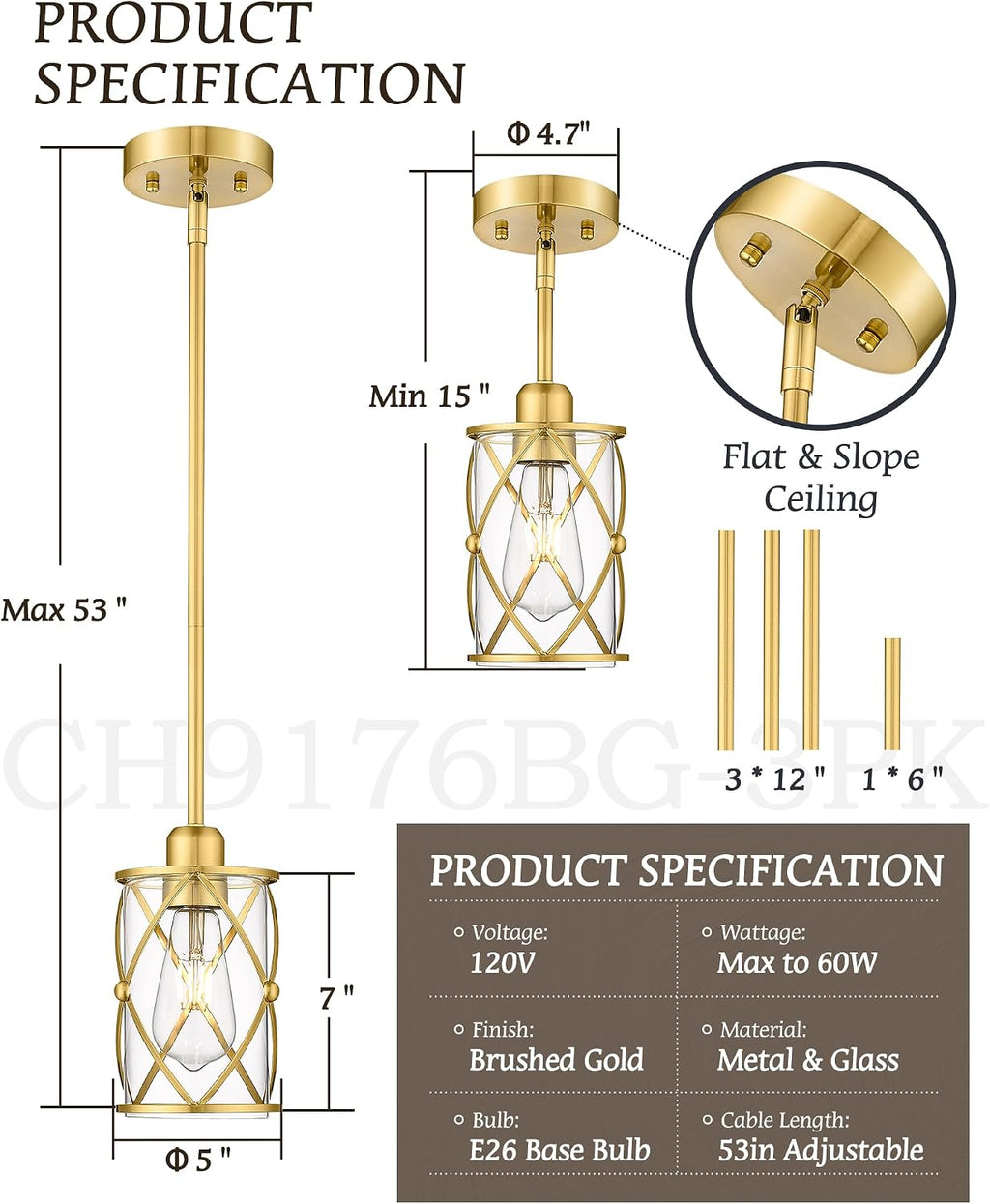 Brushed Gold Pendant Lights Kitchen Island 3 Pack, Glass Kitchen Pendant Lighting Over Island with Rod, Modern Mini Hanging Light for Kitchen Sink Dining Room, CH9176BG-3PK