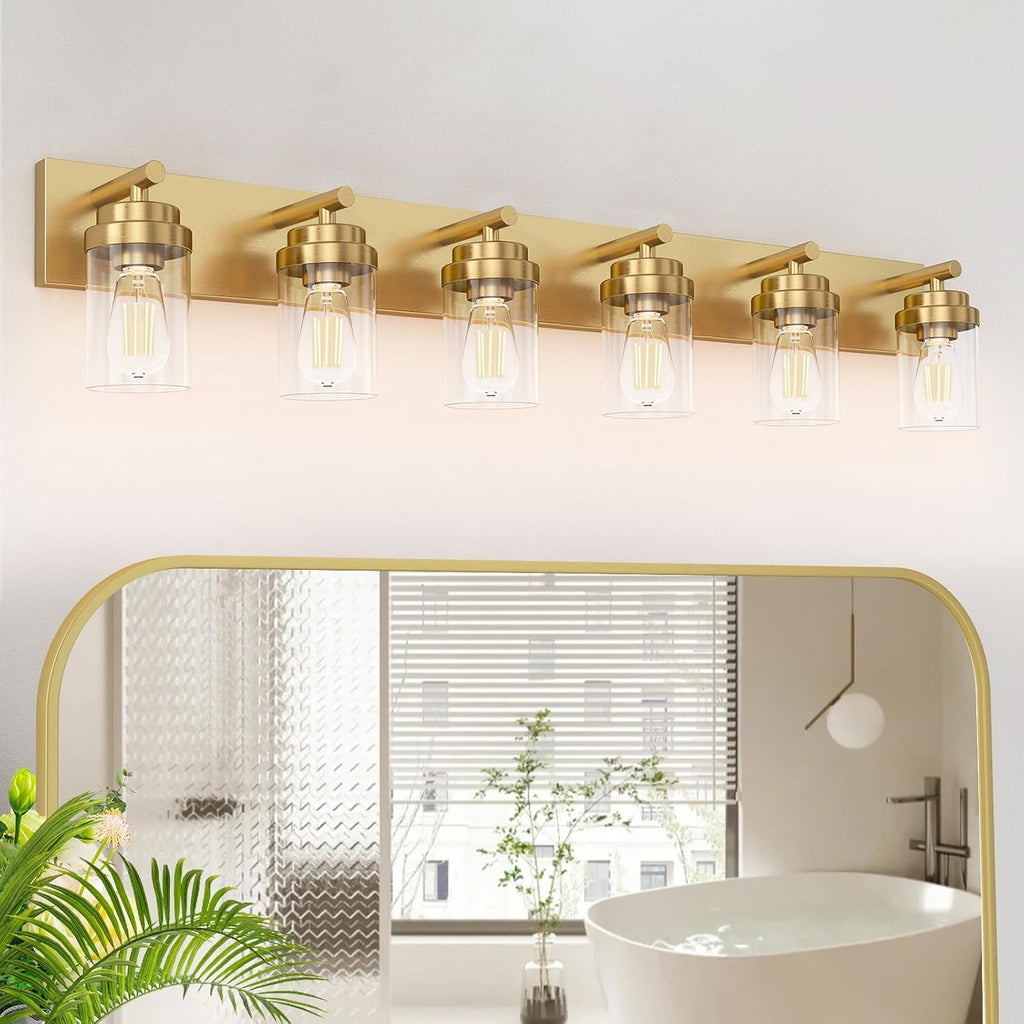 IZORRO Bathroom Vanity Light Fixture, 6-Light 46 Inch Gold Bathroom Light Fixtures Over Mirror, with Clear Glass Shade, Modern Farmhouse Vanity Lights, Rustic Restroom Lighting Fixtures