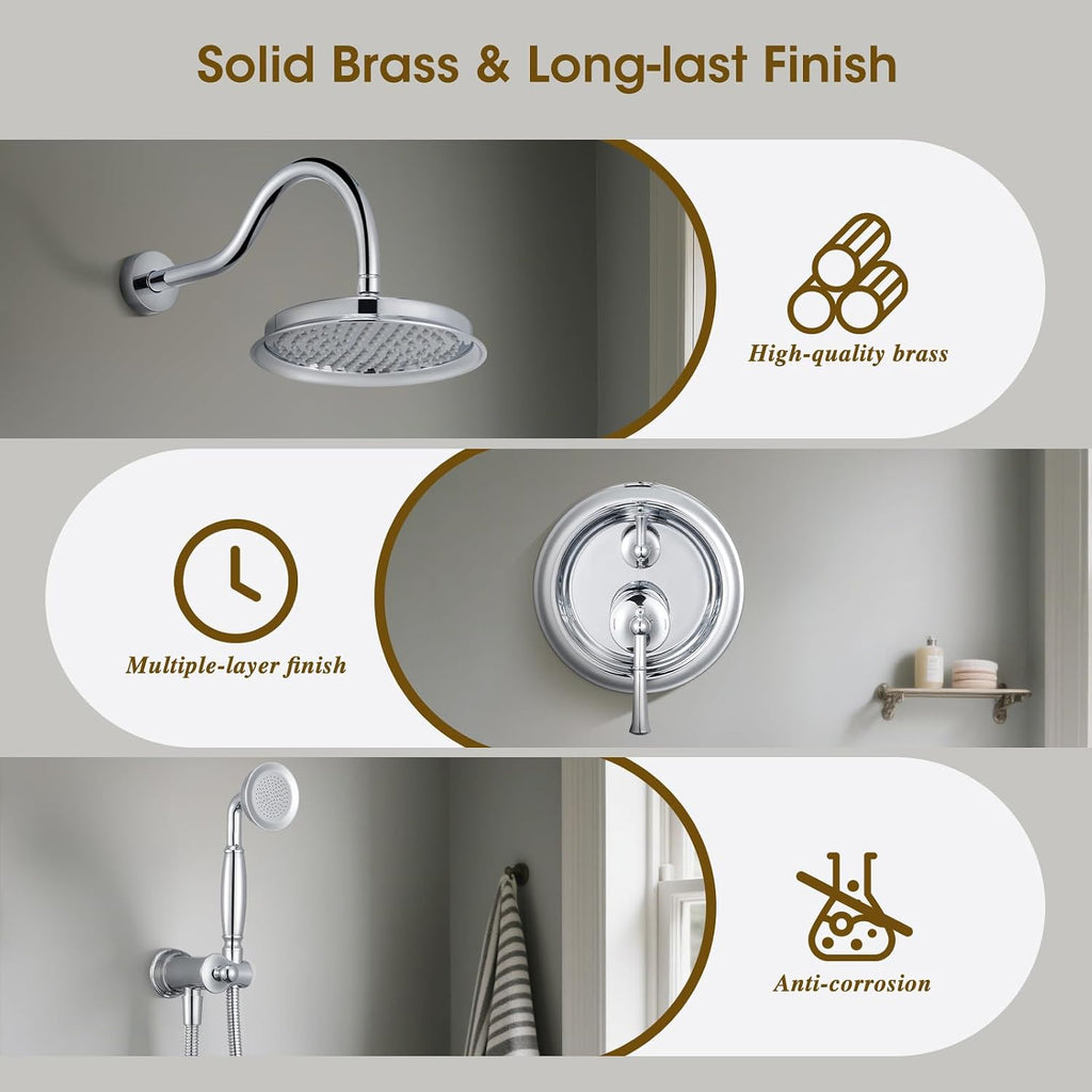 Rain Shower Head with Handheld Spray, Rainfall Shower System with Rough-in Valve, Shower Faucet Set with Pressure Balance Valve, 9 Inch Luxury Shower Trim Kit Wall Mount, Polished Chrome