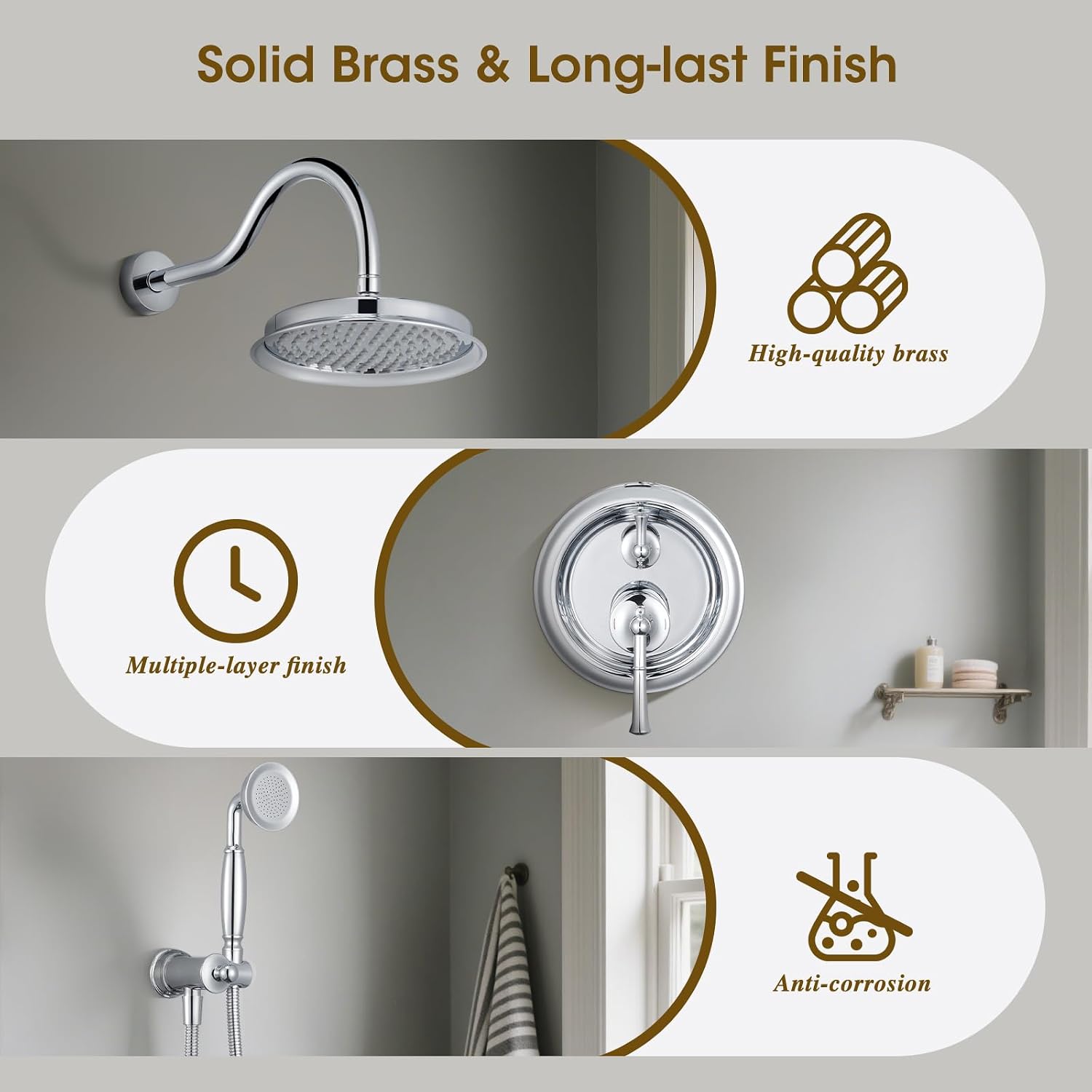 Rain Shower Head with Handheld Spray, Rainfall Shower System with Rough-in Valve, Shower Faucet Set with Pressure Balance Valve, 9 Inch Luxury Shower Trim Kit Wall Mount, Polished Chrome