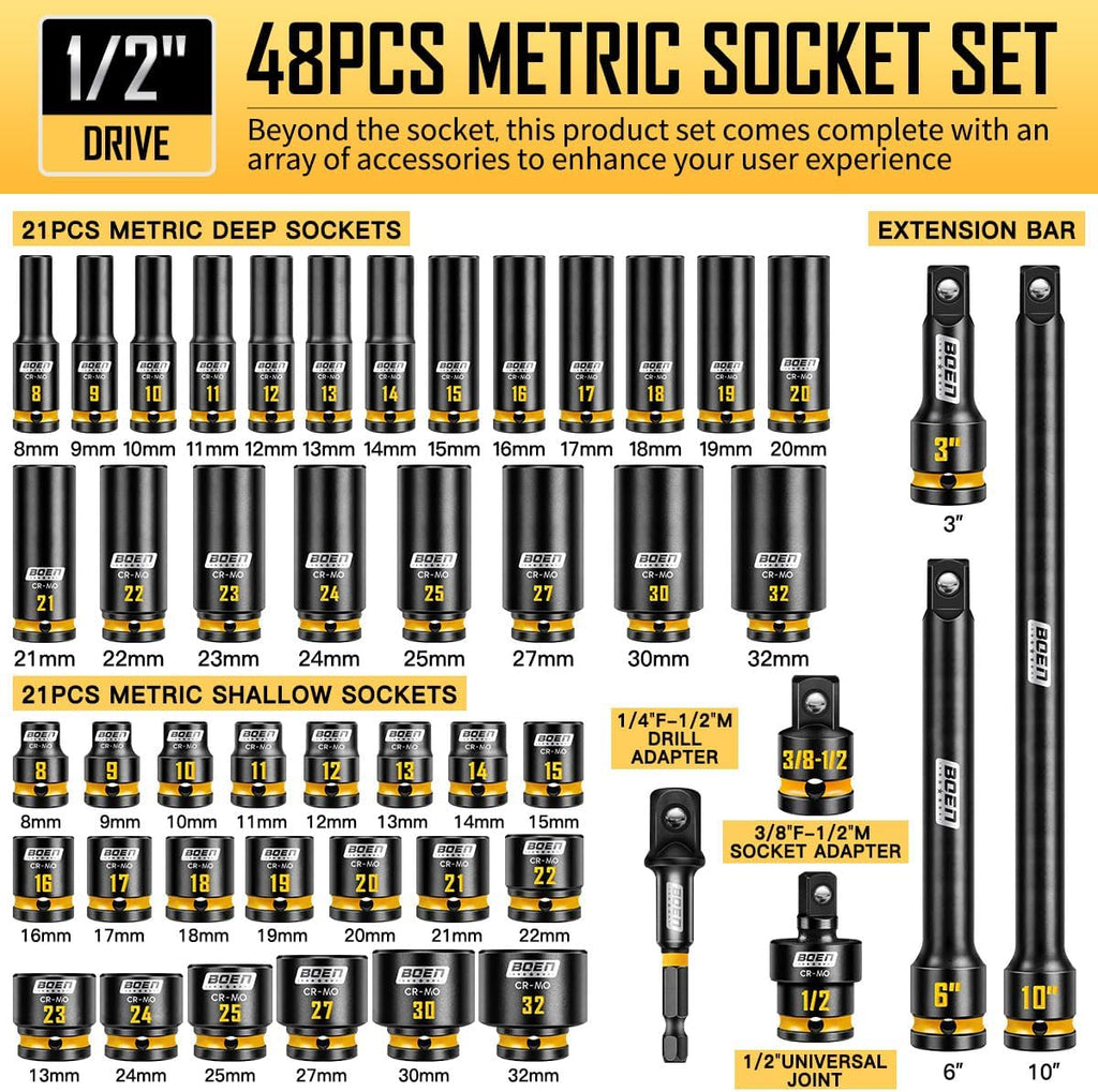 boen 48PCS 1/2' Drive Metric Socket Set, Impact Deep&Shollow Socket(8mm-32mm), for Lug Nut Use, 6-Point with Yellow Embossed Marking, CR-MO