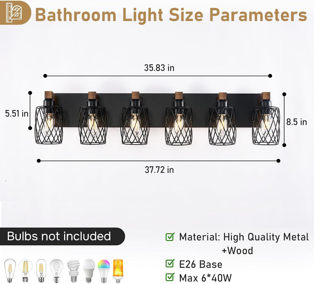 6-Light Farmhouse Vanity Light Fixtures Over Mirror, Black with Cage Metal Shade, Vintage Rustic for Bathroom, Hallway