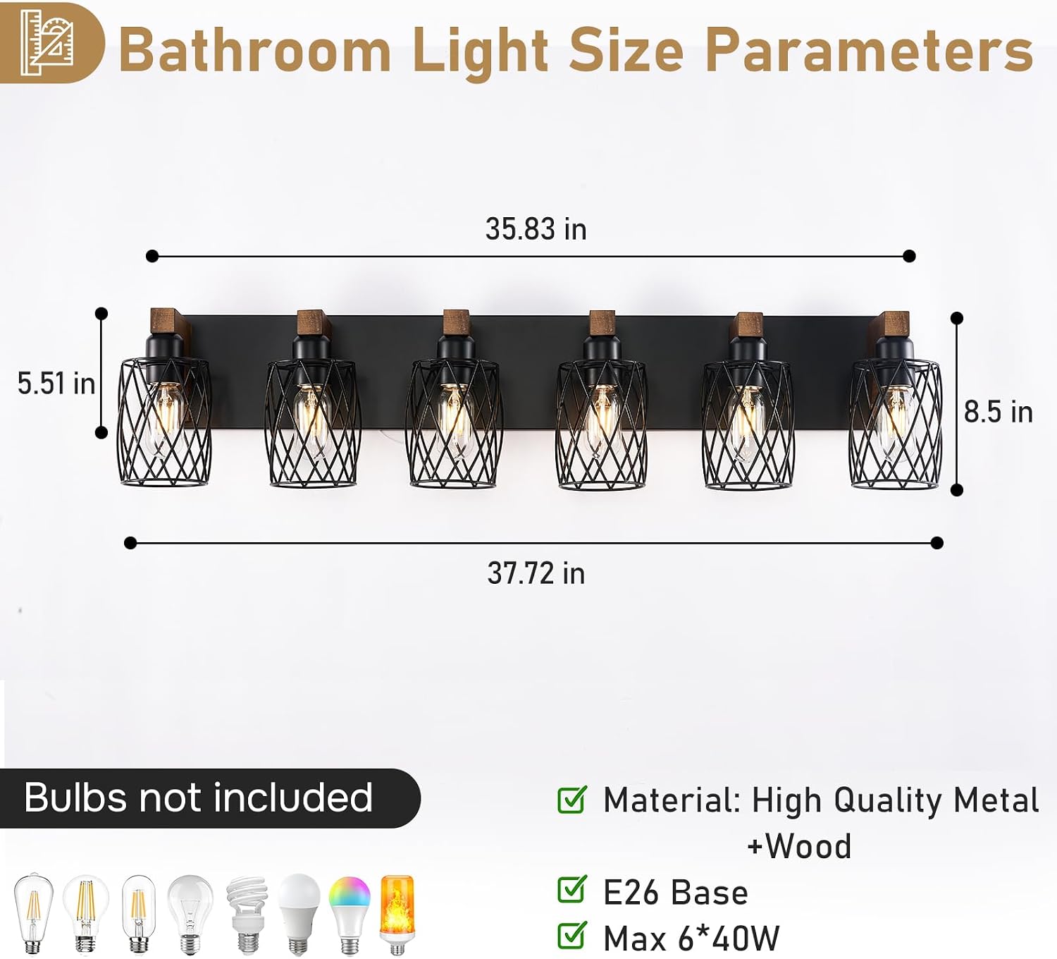 6-Light Farmhouse Vanity Light Fixtures Over Mirror, Black with Cage Metal Shade, Vintage Rustic for Bathroom, Hallway