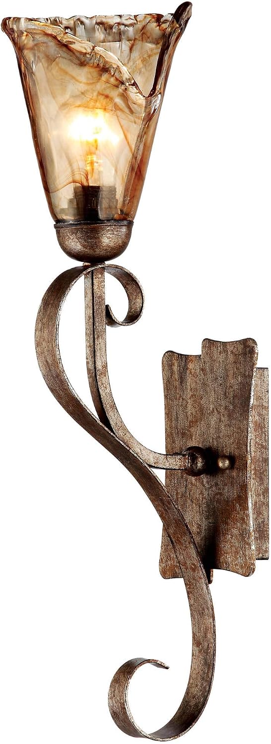 Franklin Iron Works Amber Scroll Rustic Wall Sconce Lighting Golden Bronze Metal Hardwired 23 1/2' High Fixture Amber Art Glass Cottage Core Decor for Bedroom Bathroom Bedside Home (Colors May Vary)