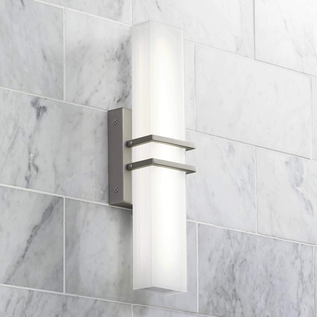 Possini Euro Design Exeter Modern Art Deco Wall Mount Light LED Brushed Nickel Silver Metal 17' Wide Vanity Fixture Rectangular Silk Screened Glass Shade Decor for Bathroom Over Mirror House Home