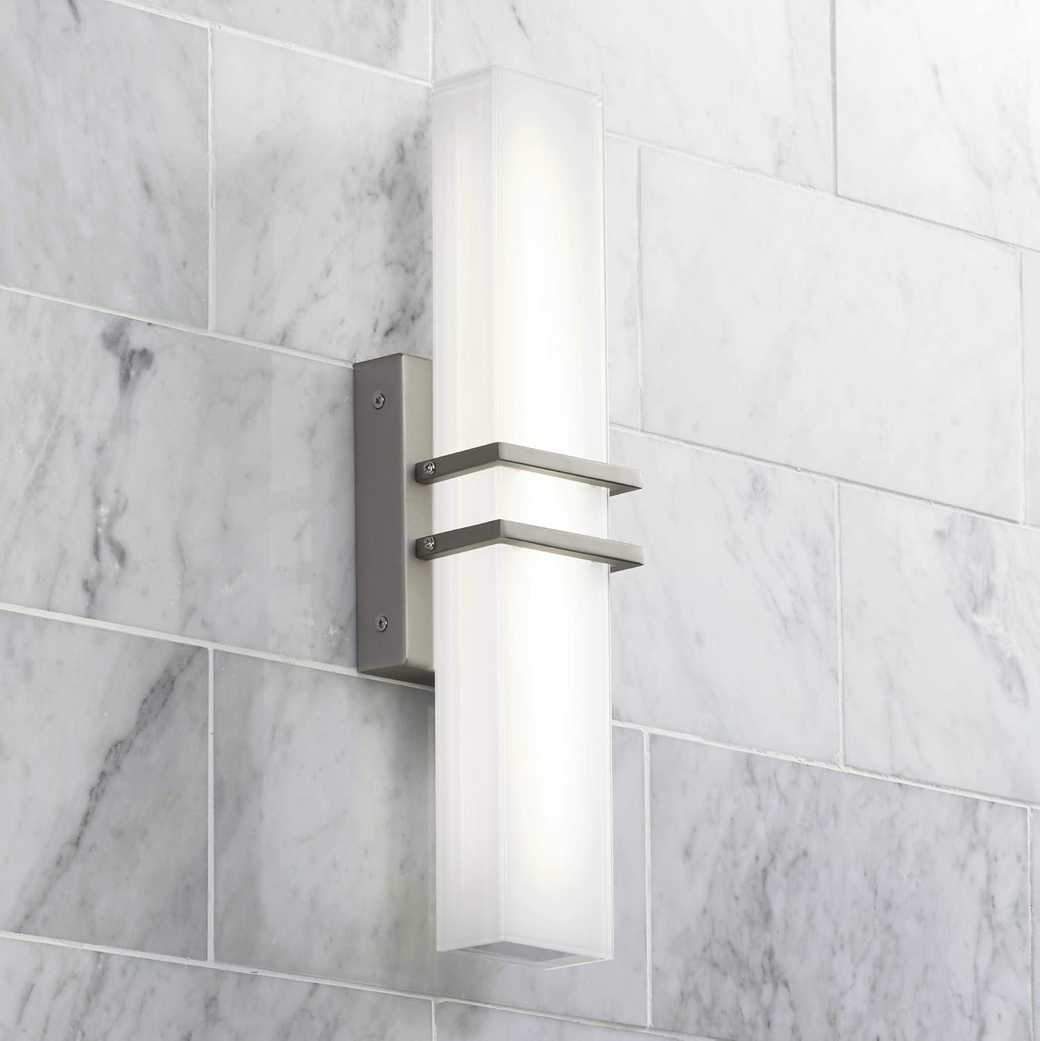 Possini Euro Design Exeter Modern Art Deco Wall Mount Light LED Brushed Nickel Silver Metal 17' Wide Vanity Fixture Rectangular Silk Screened Glass Shade Decor for Bathroom Over Mirror House Home