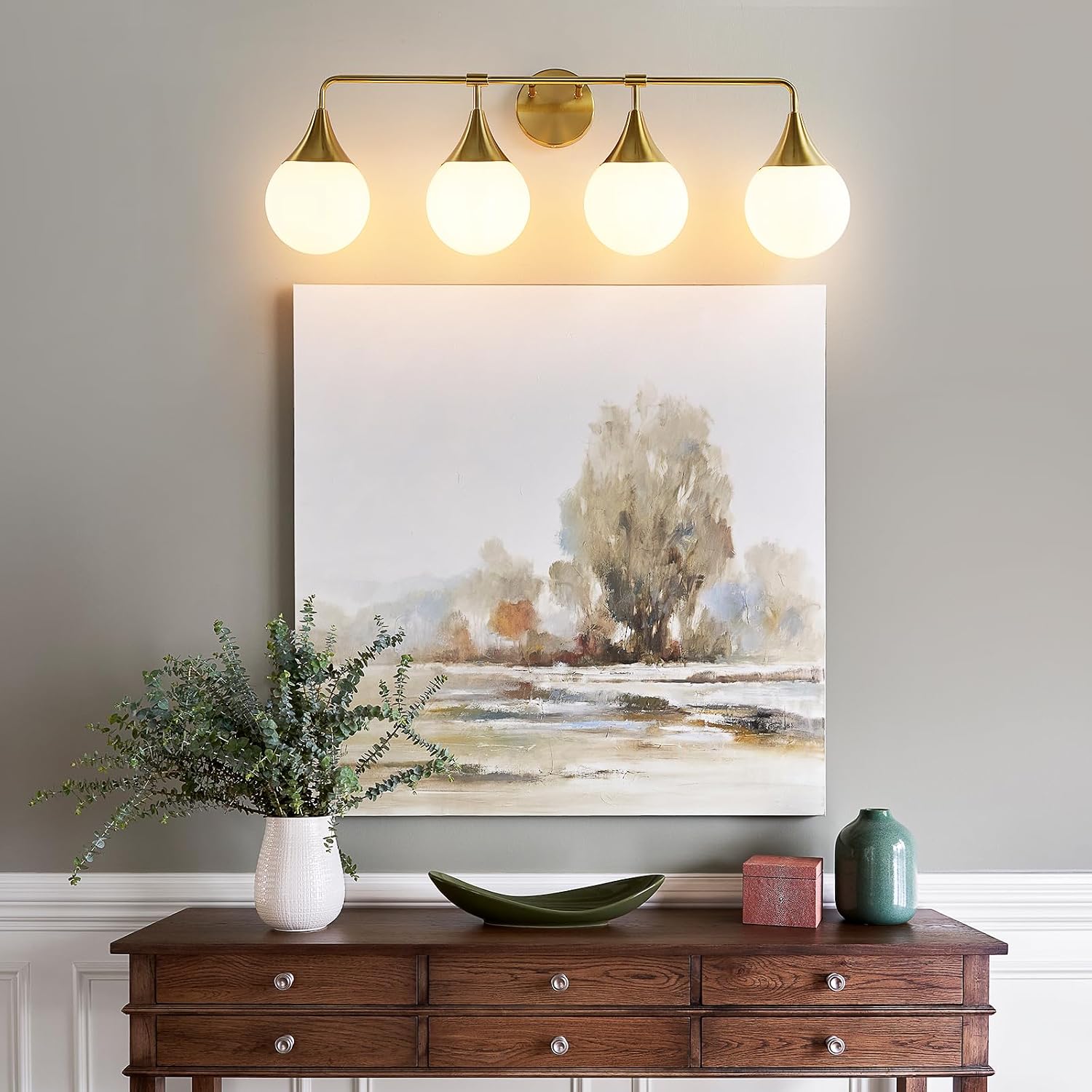Bathroom Vanity Light Fixtures: 4 Lights Mid Century Modern Bathroom Lighting Fixtures Over Mirrors - Brass Gold Wall Sconce with Milky Glass Ball Shades for Bath Bedroom