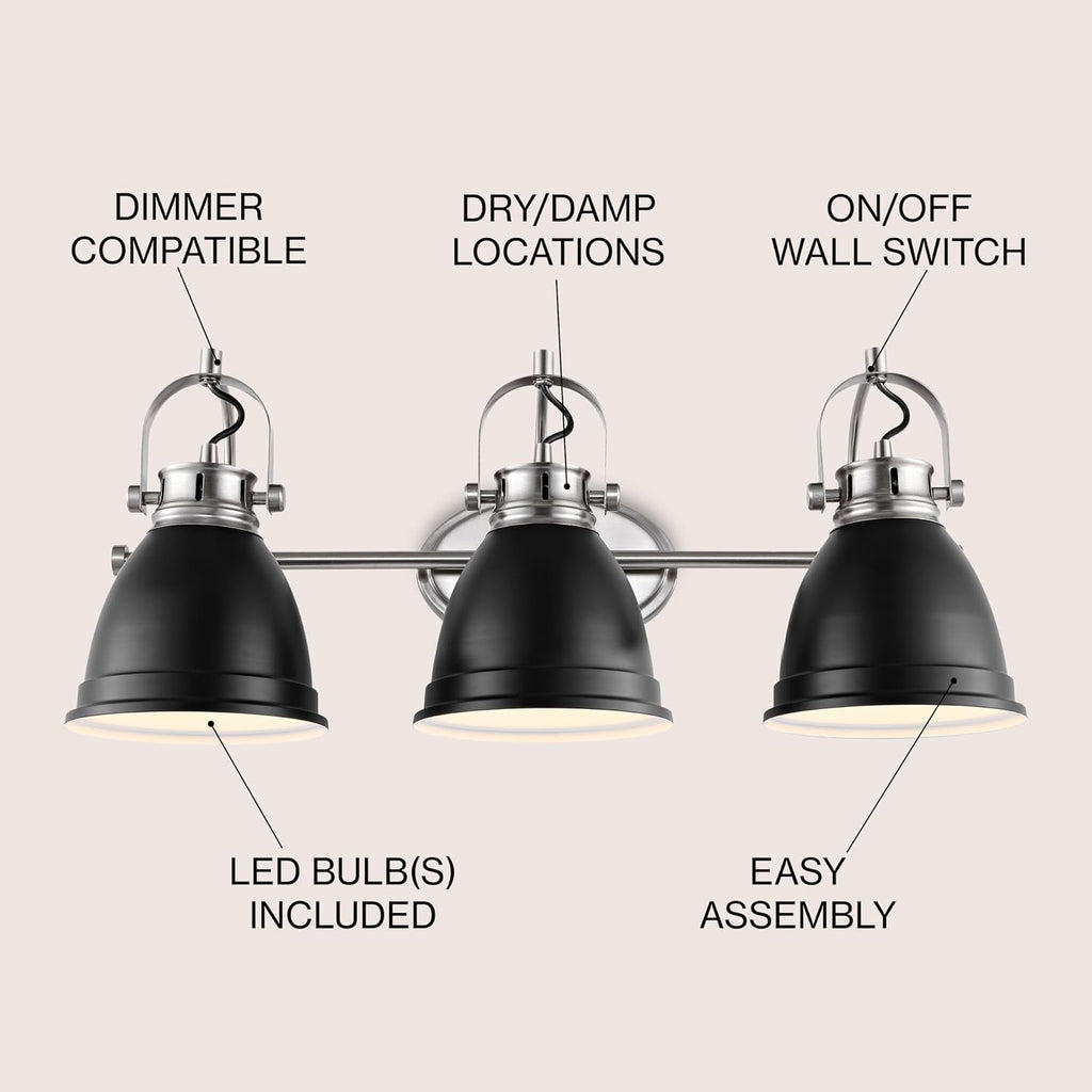 JONATHAN Y 25.5' Black/Nickel 3-Light LED Vanity Light, Adjustable Wall Sconce for Bathroom Mirror, Farmhouse Bohemian Kitchen Light, Iron Black Bell Shade (JYL1116A)