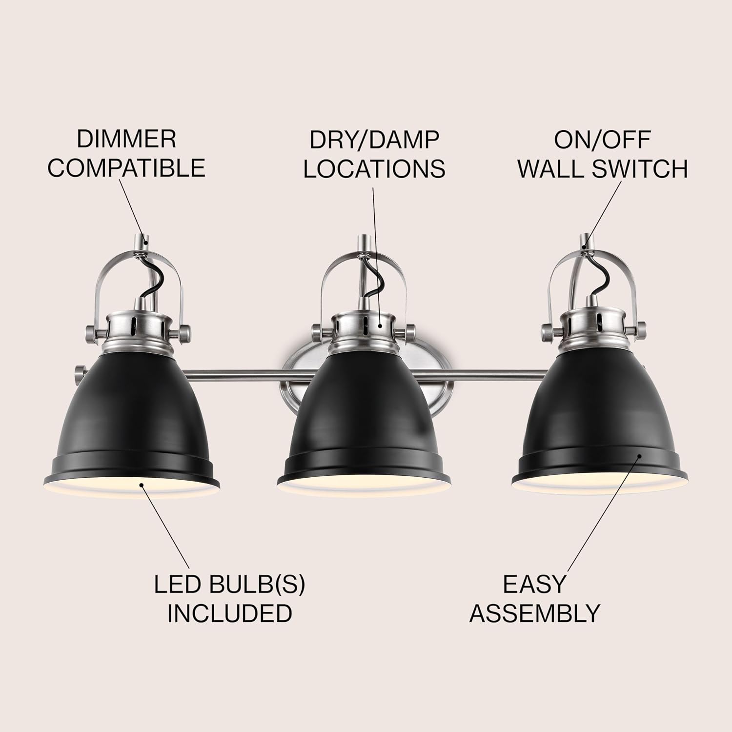 JONATHAN Y 25.5' Black/Nickel 3-Light LED Vanity Light, Adjustable Wall Sconce for Bathroom Mirror, Farmhouse Bohemian Kitchen Light, Iron Black Bell Shade (JYL1116A)