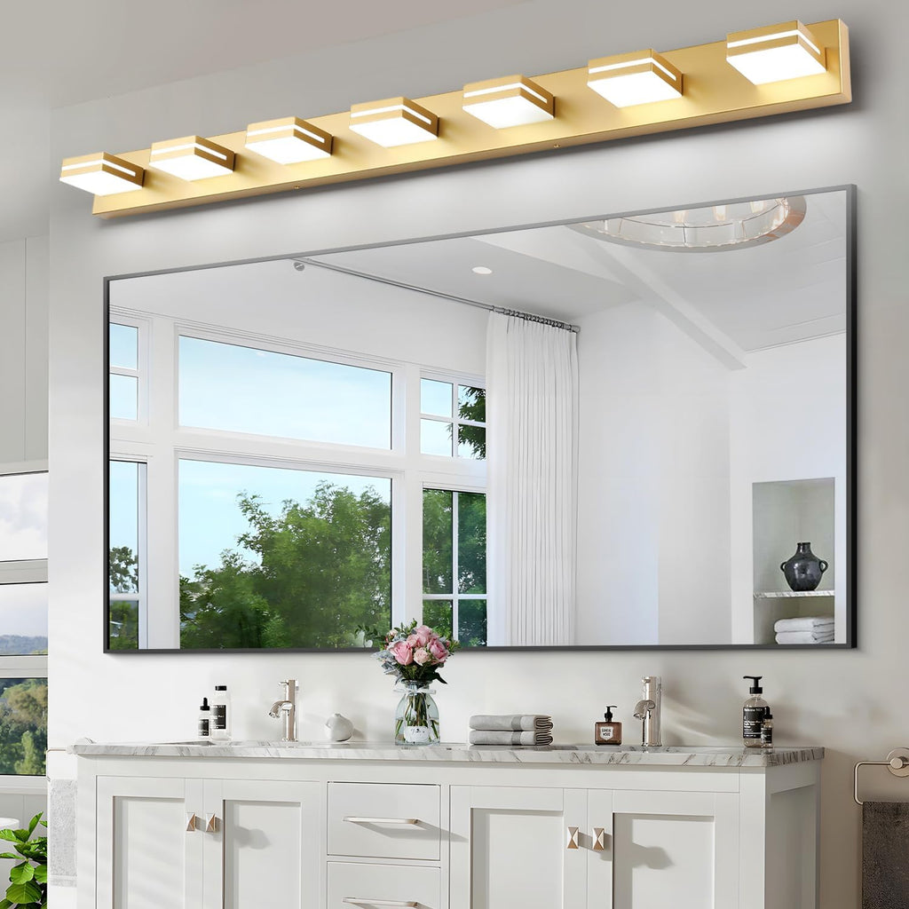 SineRise LED Modern Bathroom Vanity Light Fixtures (7-Light, 55-Inch, Dimmable), Gold Modern Acrylic Bathroom Wall Lighting Fixtures Over Mirror (Cool White 6000K)