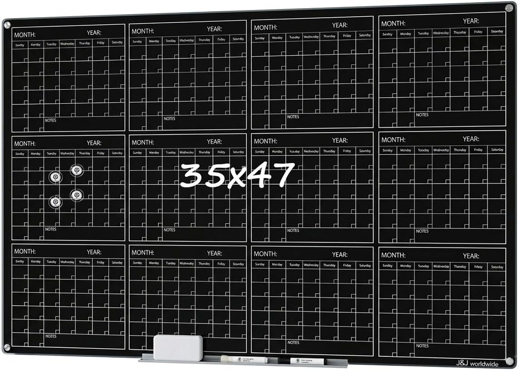 Magnetic Whiteboard Calendar Black Glass Board Yearly Calendar - 35' X 47' Large Wall Calendar - White Board Dry Erase Planner for Wall Home, School, Office