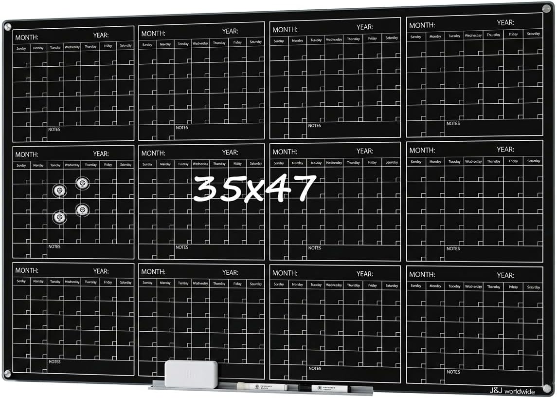 Magnetic Whiteboard Calendar Black Glass Board Yearly Calendar - 35' X 47' Large Wall Calendar - White Board Dry Erase Planner for Wall Home, School, Office