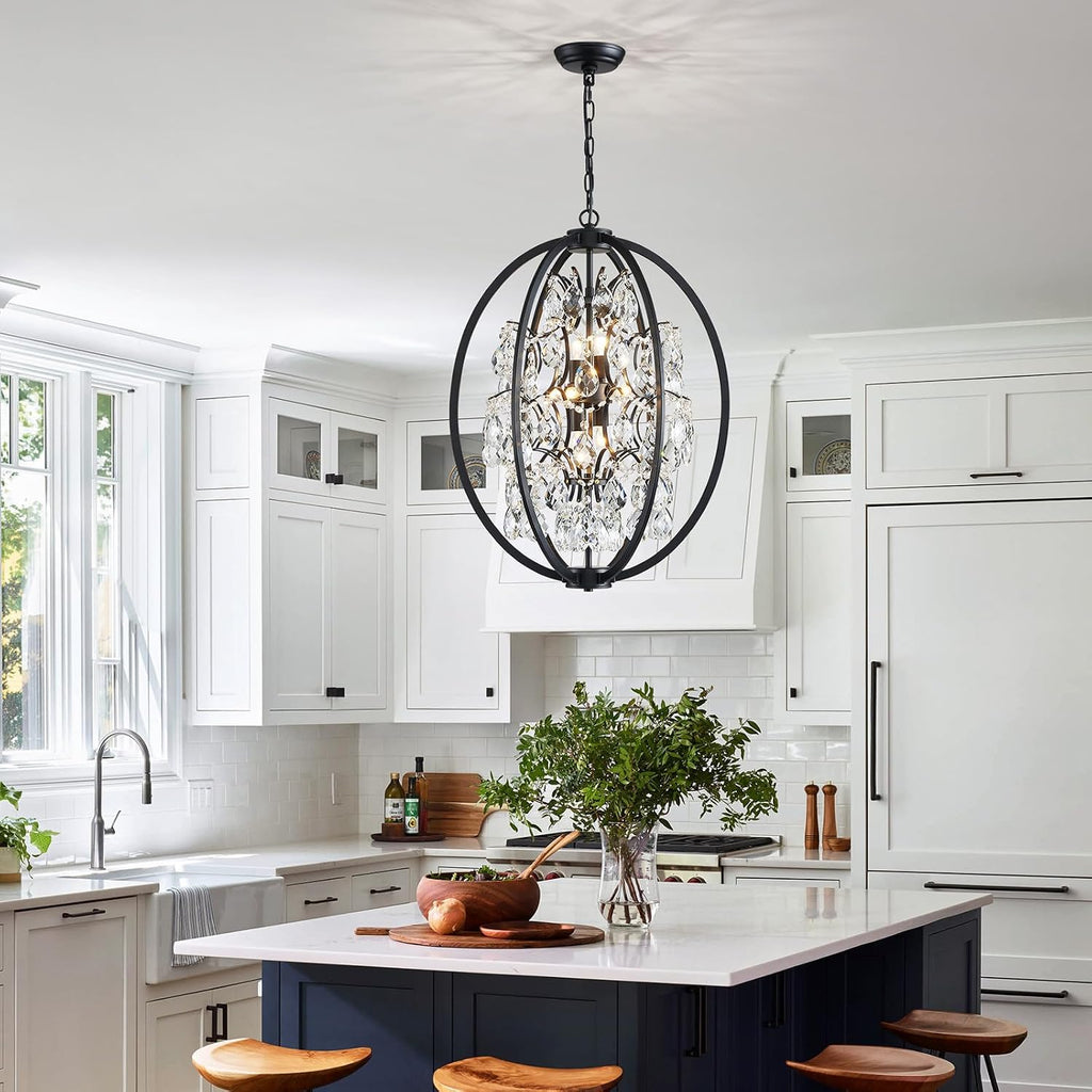 WUZUPS Globe Crystal Chandelier Raindrop Pendant Flushmount Ceiling Light Modern Lighting Fixture for Bedroom Hallway Bar Kitchen Bathroom, H 23.6' x W 19.7', Black, 8 E12 Base