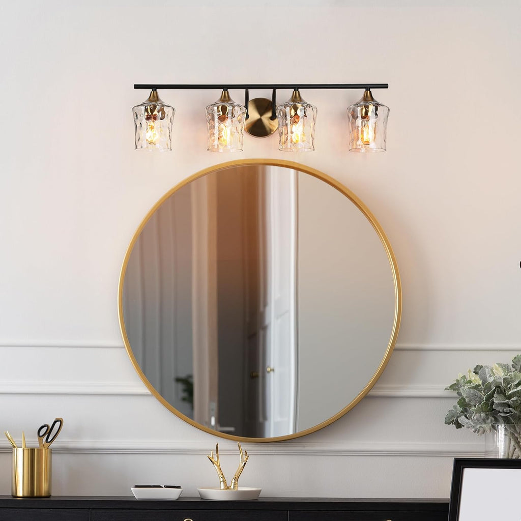 KSANA 28' Large Bathroom Vanity Lights, 4 Light Mid-Century Modern Vanity Light with Textured Glass Shade Black and Electroplated Brass Bathroom Light Fixtures for Hallway, Entryway
