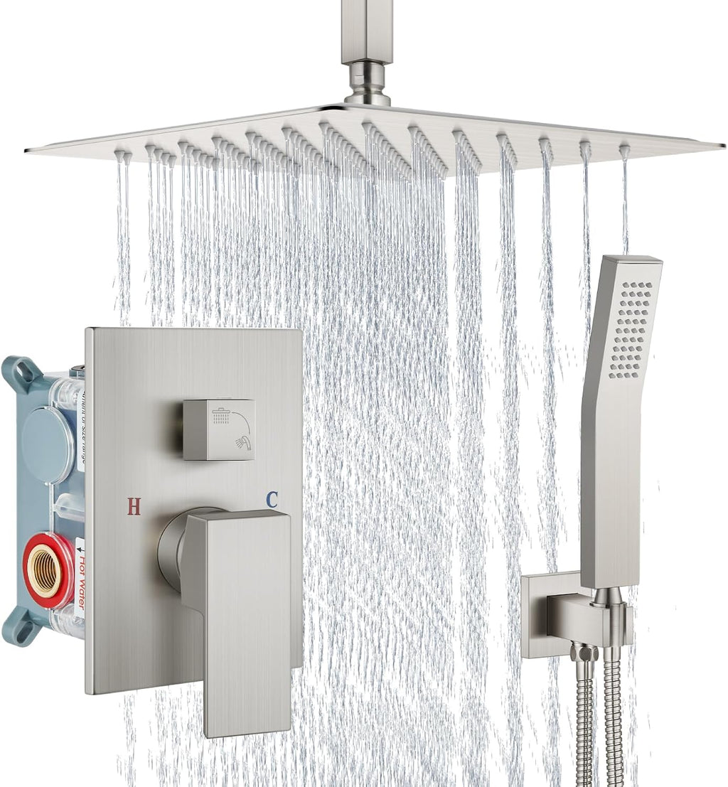 Aolemi Ceiling Mount Shower System Rain Shower Head with Handheld Spray High Pressure Shower Faucet Set Rough-in Valve Shower Trim Kit Included Bathroom Brushed Nickel 12 Inch Ceiling Shower Head