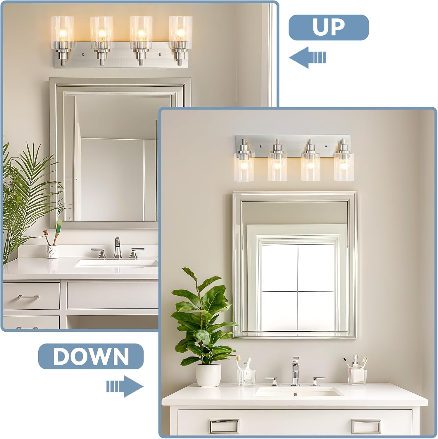 LOUSACE 4 Light Bathroom Vanity Light Brushed Nickel, Bathroom Lighting Fixtures with Clear Glass Shades Over Vanity Mirror, Modern Wall Sconces Fixtures for Bedroom Living Room, E26 Socket