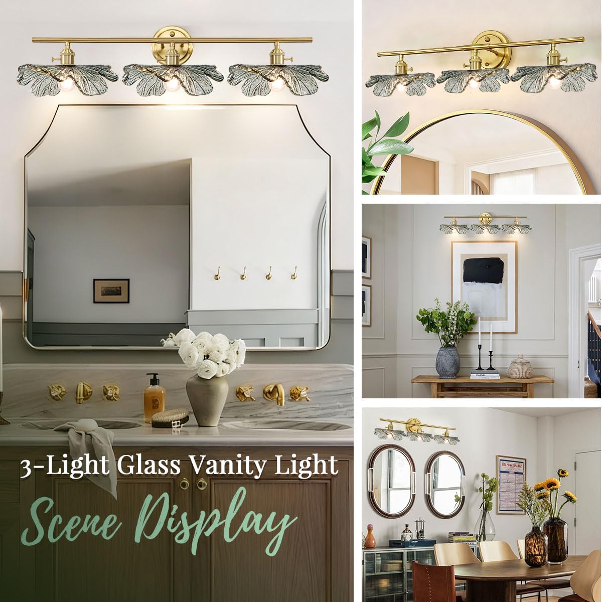 3 Light Bathroom Vanity Light Vintage Wall Sconce Gold Vanity lighting fixtures Over Mirror mid Century Modern Wall lamp with Dark Green Glass Shade Indoor Wall Light for Bedroom Hallway Living Room