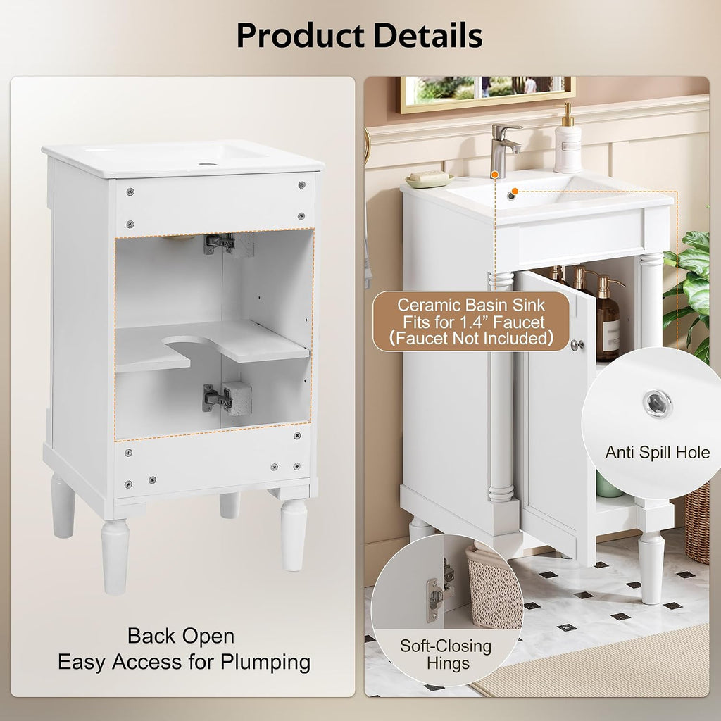 Virubi 18 Inch Bathroom Vanity with Sink, Small Bathroom Vanity for Powder Room, Adjustable Shelf and Soft-Close Door, Solid Wood Frame Bathroom Storage Cabinet(White)