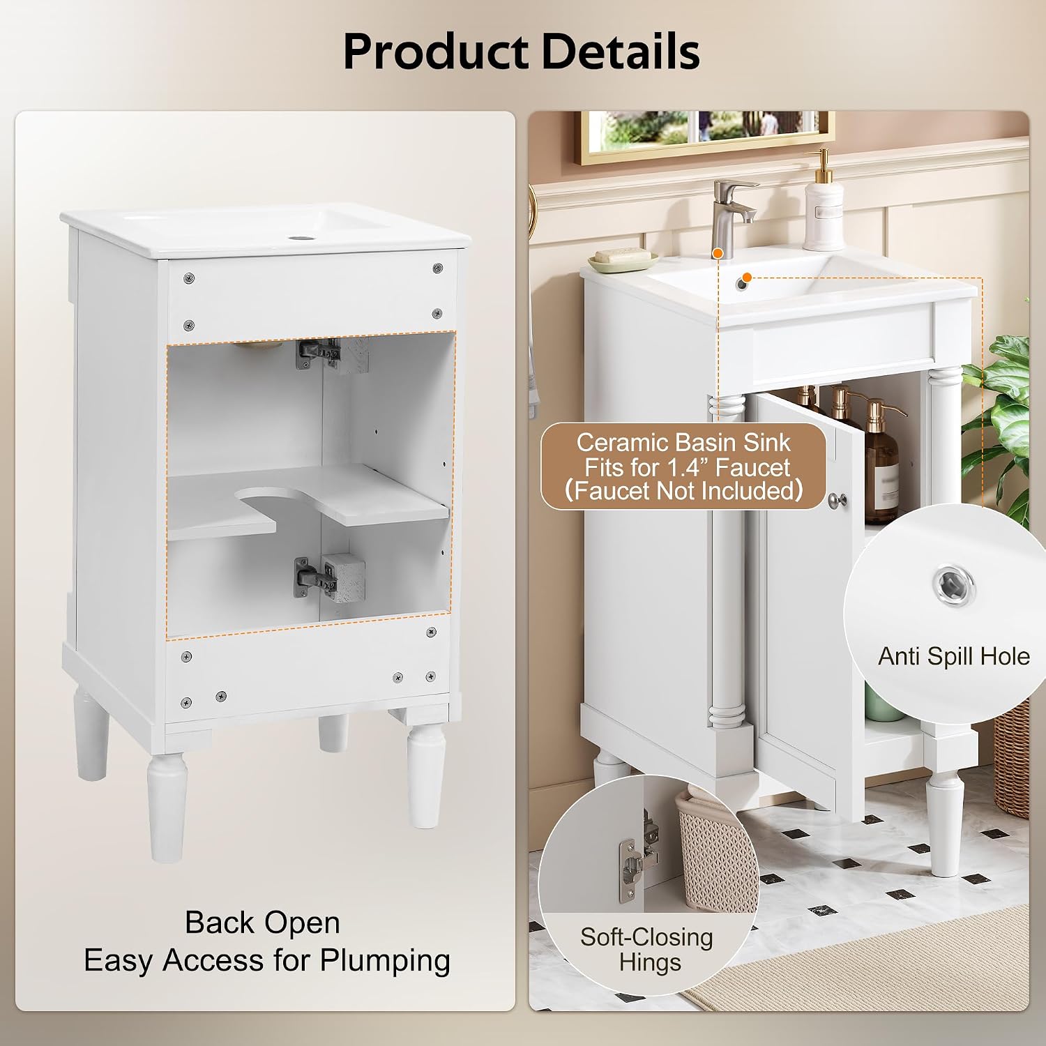 Virubi 18 Inch Bathroom Vanity with Sink, Small Bathroom Vanity for Powder Room, Adjustable Shelf and Soft-Close Door, Solid Wood Frame Bathroom Storage Cabinet(White)