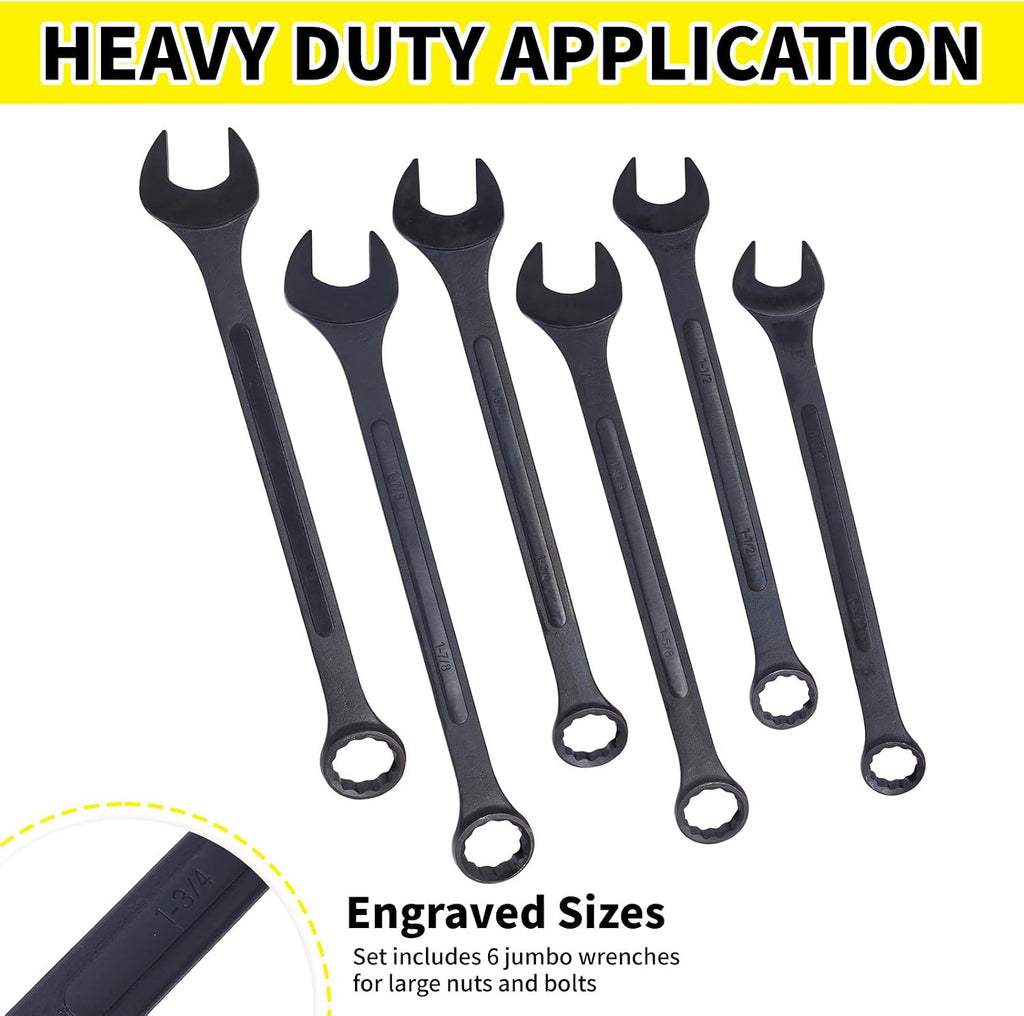 Jumbo Combination Wrench Set | 6 Piece | SAE | 1-3/8' to 2' | Open End | Storage Bag Included | for Professional Mechanic Use – Large Wrench Set