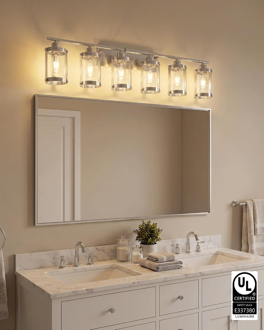 6-Light Brushed Nickel Bathroom Light Fixtures Over Mirror with Clear Glass and Metal Cage Shade, 42' UL-Listed Modern Farmhouse Wall Sconce for Bath, Hardwire E26, OS-3014BN-6W