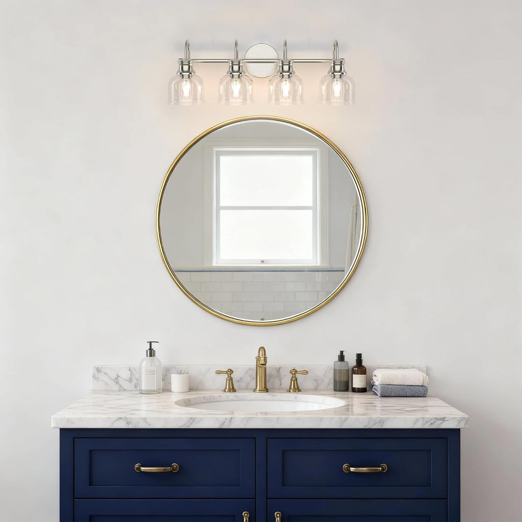 4 Lights Bathroom Vanity Light Fixtures, Brushed Nickel Traditional Classic Vanity Light with Clear Glass, Bathroom Lighting Fixtures Over Mirror